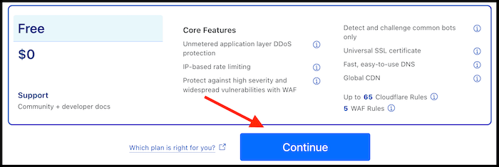 selecting the free plan on cloudflare