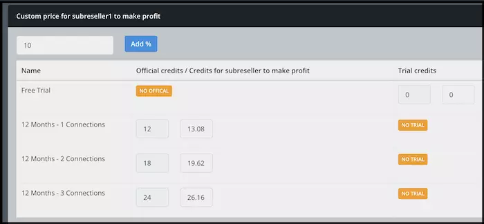 adding commission to the sub-reseller's credit prices