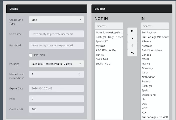 selecting iptv bouquets while creating a streaming line on the reseller panel