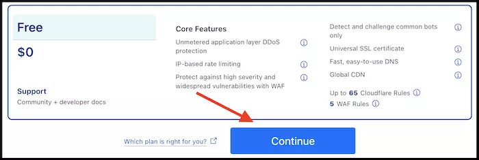 selecting the free plan on cloudflare